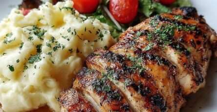 Assiette de poulet grillé doré, purée de pommes de terre maison onctueuse et salade verte fraîche aux tomates et citron.