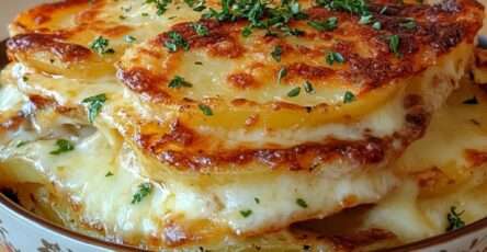 Gratin dauphinois au Airfryer doré et fondant, pommes de terre en fines rondelles nappées de crème, dessus gratiné au fromage.