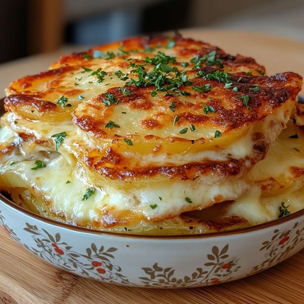 Gratin dauphinois au Airfryer doré et fondant, pommes de terre en fines rondelles nappées de crème, dessus gratiné au fromage.