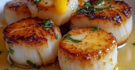 Noix de Saint-Jacques poêlées dorées, nappées de beurre citronné brillant avec persil frais, servies chaudes dans une assiette élégante.