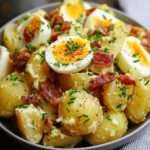 Salade de pommes de terre grenaille aux œufs durs et lardons croustillants, liée à la mayonnaise et parsemée de ciboulette fraîche.