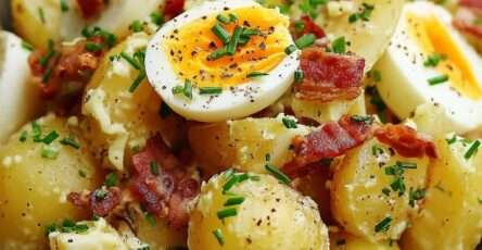 Salade de pommes de terre grenaille aux œufs durs et lardons croustillants, liée à la mayonnaise et parsemée de ciboulette fraîche.