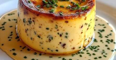 Flan de crabe démoulé, texture lisse et fondante, nappé de sauce crémeuse à la ciboulette, servi chaud dans une assiette élégante.