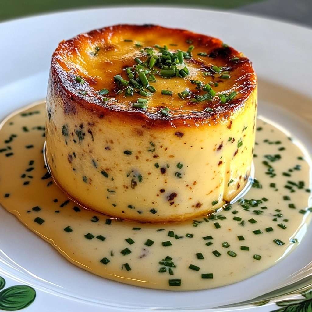 Flan de crabe démoulé, texture lisse et fondante, nappé de sauce crémeuse à la ciboulette, servi chaud dans une assiette élégante.