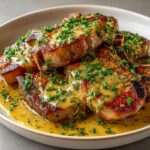 Côtes de porc dorées nappées de sauce charcutière onctueuse au vin blanc et moutarde, parsemées de persil frais et servies chaudes.