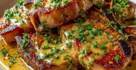 Côtes de porc dorées nappées de sauce charcutière onctueuse au vin blanc et moutarde, parsemées de persil frais et servies chaudes.