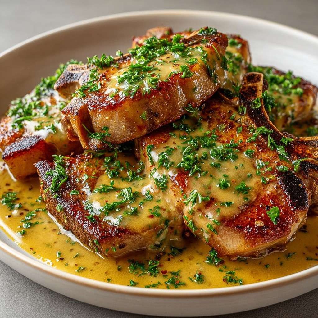 Côtes de porc dorées nappées de sauce charcutière onctueuse au vin blanc et moutarde, parsemées de persil frais et servies chaudes.