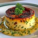 Flan de crabe démoulé, texture lisse et fondante, nappé d’une sauce crémeuse à la ciboulette, servi chaud dans une assiette élégante.