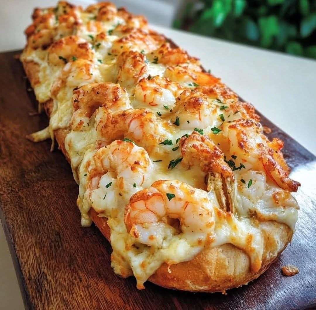 Baguette gratinée croustillante garnie de crevettes, crème onctueuse et fromage fondu doré, servie chaude avec herbes fraîches.