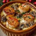 Cassolettes individuelles garnies de Saint-Jacques dorées, crevettes fondantes et champignons à la crème, légèrement gratinées et servies chaudes.