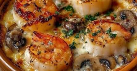 Cassolettes individuelles garnies de Saint-Jacques dorées, crevettes fondantes et champignons à la crème, légèrement gratinées et servies chaudes.