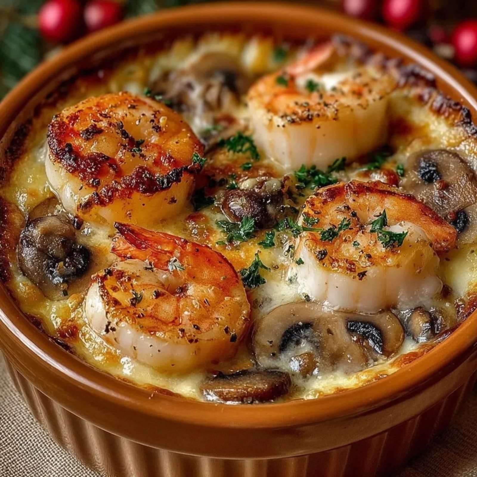 Cassolettes individuelles garnies de Saint-Jacques dorées, crevettes fondantes et champignons à la crème, légèrement gratinées et servies chaudes.