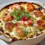 Cassolette individuelle de fruits de mer gratinée au four, contenant noix de Saint-Jacques, crevettes et moules nappées d’une sauce crémeuse dorée au fromage.