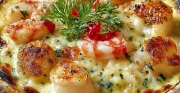 Cassolette individuelle de fruits de mer gratinée au four, contenant noix de Saint-Jacques, crevettes et moules nappées d’une sauce crémeuse dorée au fromage.