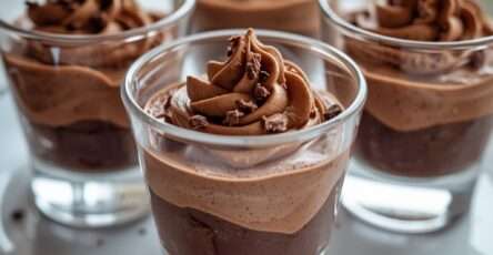 Verrines de mousse au chocolat noir onctueuse, texture aérienne et brillante, décorées de copeaux de chocolat sur le dessus dans des verres transparents.