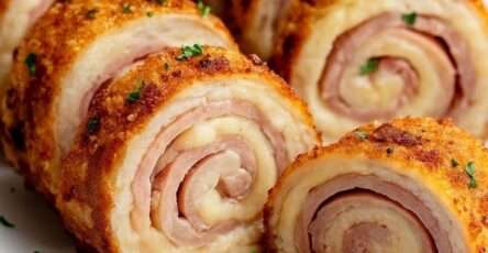 Roulé de poulet pané tranché, révélant une spirale de jambon et fromage fondant, panure dorée et croustillante, servi avec persil frais.