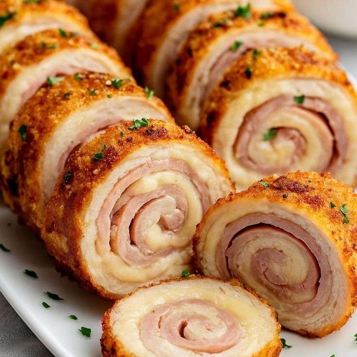 Roulé de poulet pané tranché, révélant une spirale de jambon et fromage fondant, panure dorée et croustillante, servi avec persil frais.