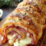 Roulé feuilleté jambon fromage tranché, pâte dorée et croustillante, fromage fondu visible à l’intérieur, servi tiède sur une planche.