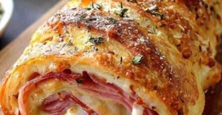 Roulé feuilleté jambon fromage tranché, pâte dorée et croustillante, fromage fondu visible à l’intérieur, servi tiède sur une planche.