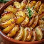 Pommes de terre rôties au four coupées en quartiers, dorées et croustillantes, parfumées au romarin et à l’ail, servies sur une plaque de cuisson.