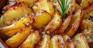 Pommes de terre rôties au four coupées en quartiers, dorées et croustillantes, parfumées au romarin et à l’ail, servies sur une plaque de cuisson.