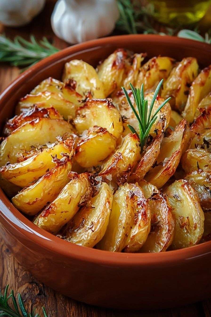 Pommes de terre rôties au four coupées en quartiers, dorées et croustillantes, parfumées au romarin et à l’ail, servies sur une plaque de cuisson.