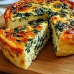 Gâteau salé aux épinards sans pâte, texture fondante et dorée sur le dessus, tranché et servi sur une assiette avec une salade verte en accompagnement.