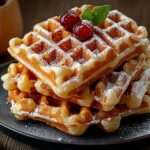 Gaufres croustillantes maison empilées, garnies de cerises fraîches, feuilles de menthe et saupoudrées de sucre glace, servies chaudes sur une assiette blanche.