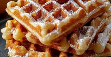Gaufres croustillantes maison empilées, garnies de cerises fraîches, feuilles de menthe et saupoudrées de sucre glace, servies chaudes sur une assiette blanche.