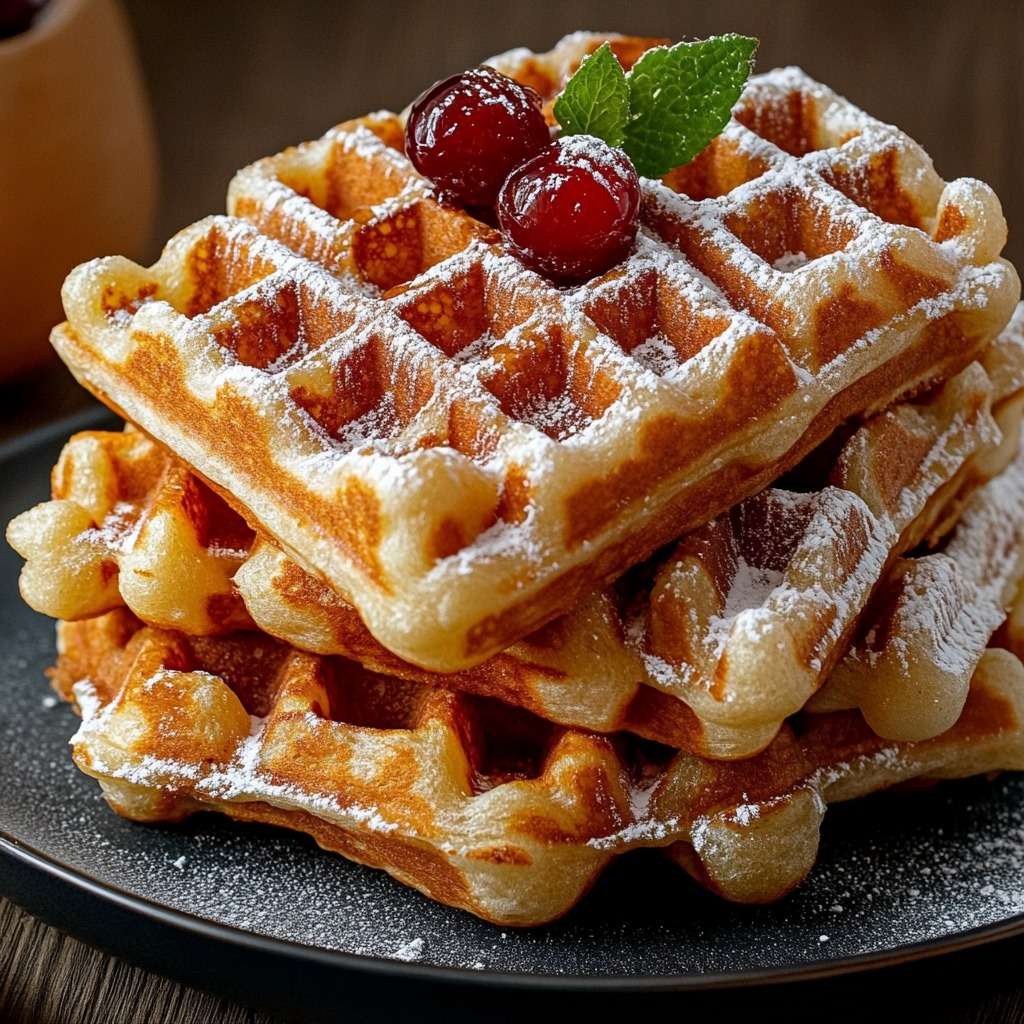Gaufres croustillantes maison empilées, garnies de cerises fraîches, feuilles de menthe et saupoudrées de sucre glace, servies chaudes sur une assiette blanche.