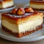 Part de cheesecake sans sucre au caramel de datte, base aux amandes et noix de coco, nappage brillant au caramel et demi-pêches légèrement caramélisées sur le dessus, servie sur une assiette blanche avec texture crémeuse visible.
