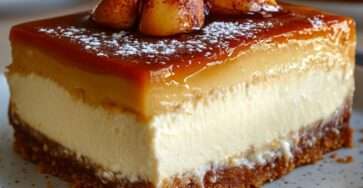 Part de cheesecake sans sucre au caramel de datte, base aux amandes et noix de coco, nappage brillant au caramel et demi-pêches légèrement caramélisées sur le dessus, servie sur une assiette blanche avec texture crémeuse visible.