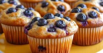 Muffins sans sucre aux myrtilles, texture moelleuse et légèrement dorée, myrtilles éclatées visibles à la surface, présentés dans des caissettes en papier sur une grille de refroidissement.