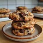 Cookies sans sucre aux pépites de chocolat noir 85 %, texture dorée et légèrement craquelée, bords croustillants et centre fondant, pépites visibles en surface sur une plaque recouverte de papier cuisson.