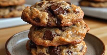 Cookies sans sucre aux pépites de chocolat noir 85 %, texture dorée et légèrement craquelée, bords croustillants et centre fondant, pépites visibles en surface sur une plaque recouverte de papier cuisson.