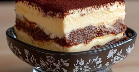 Part de tiramisu sans sucre ajouté avec couches visibles de biscuits imbibés de café et crème mascarpone onctueuse, surface généreusement saupoudrée de cacao amer non sucré.