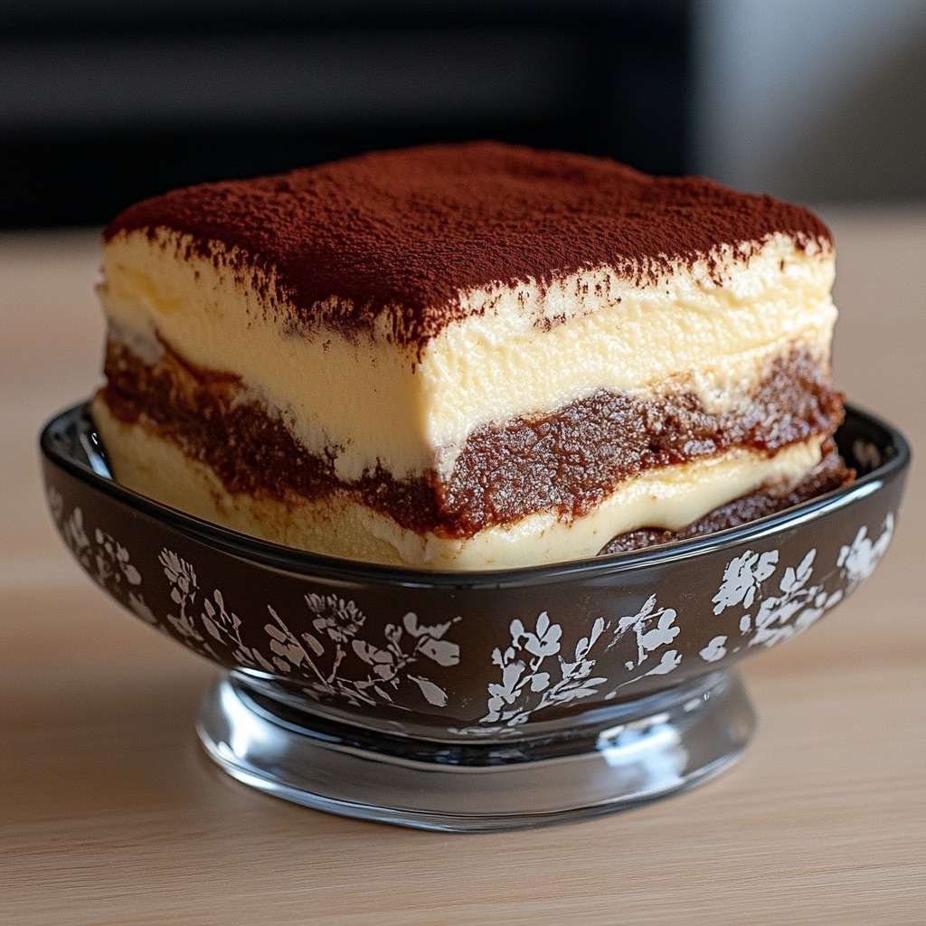 Part de tiramisu sans sucre ajouté avec couches visibles de biscuits imbibés de café et crème mascarpone onctueuse, surface généreusement saupoudrée de cacao amer non sucré.