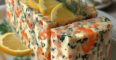 Tranches de terrine crémeuse aux crevettes roses et herbes fraîches, texture lisse et fondante, décorée de rondelles de citron et pluches d’aneth, servie sur un plat blanc.