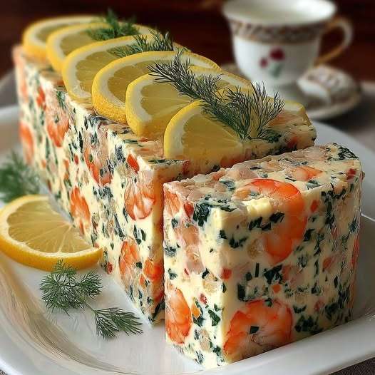 Tranches de terrine crémeuse aux crevettes roses et herbes fraîches, texture lisse et fondante, décorée de rondelles de citron et pluches d’aneth, servie sur un plat blanc.