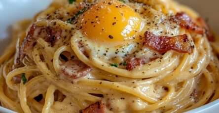 Assiette de spaghettis carbonara crémeux avec lardons dorés, jaune d’œuf coulant posé sur le dessus, copeaux de parmesan et poivre noir fraîchement moulu.