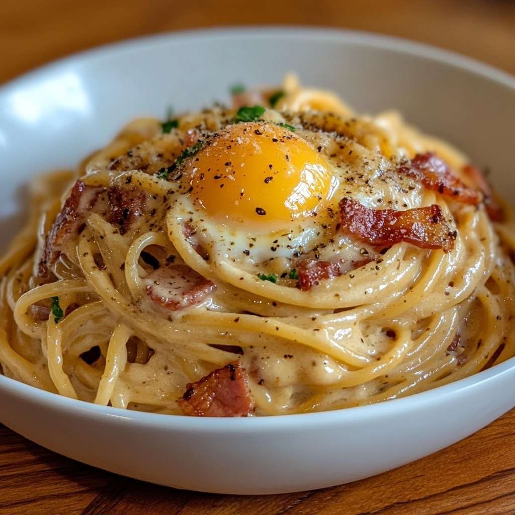 Assiette de spaghettis carbonara crémeux avec lardons dorés, jaune d’œuf coulant posé sur le dessus, copeaux de parmesan et poivre noir fraîchement moulu.