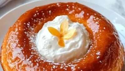 Baba au rhum traditionnel doré, brioche individuelle imbibée de sirop au rhum, garnie de chantilly maison et servie sur une assiette blanche élégante