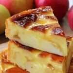 Flan aux pommes et yaourt ultra fondant, texture crémeuse et moelleuse avec morceaux de pommes dorés, servi sur une assiette blanche avec une légère caramélisation en surface