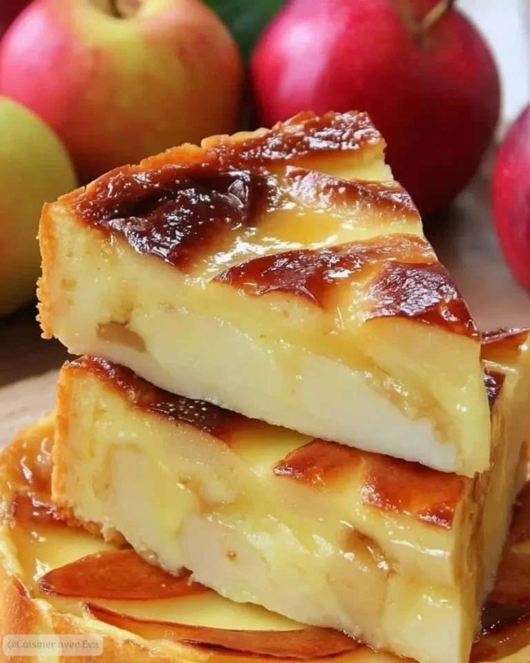 Flan aux pommes et yaourt ultra fondant, texture crémeuse et moelleuse avec morceaux de pommes dorés, servi sur une assiette blanche avec une légère caramélisation en surface