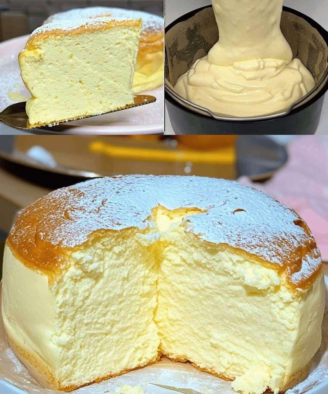 Cheesecake japonais ultra moelleux et aérien, texture soufflée légère, surface dorée légèrement craquelée, saupoudré de sucre glace sur une assiette blanche