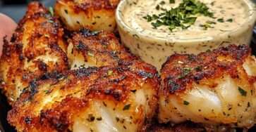 Bouchées de cabillaud croustillantes dorées à l’ail, panure panko croquante, servies avec sauce citron aux herbes fraîches et quartiers de citron