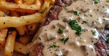 Steak grillé nappé de sauce crémeuse aux champignons, accompagné de frites maison dorées et croustillantes, servi dans une assiette rustique