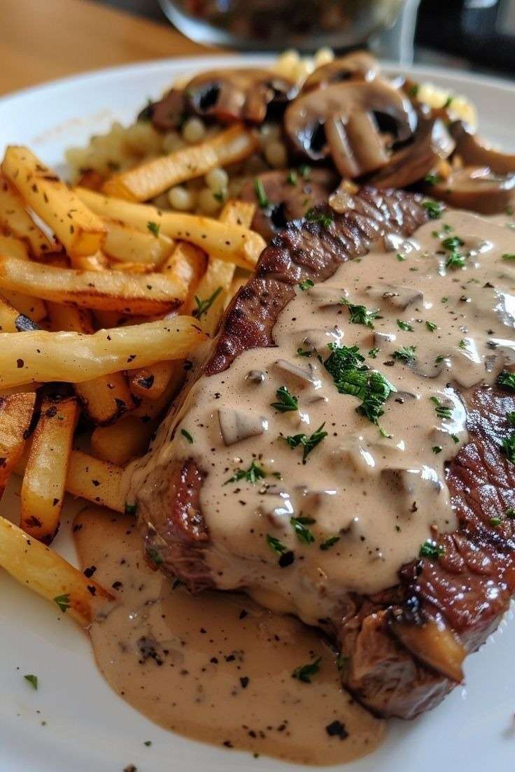 Steak grillé nappé de sauce crémeuse aux champignons, accompagné de frites maison dorées et croustillantes, servi dans une assiette rustique