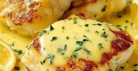 Pavés de cabillaud au four nappés de sauce crémeuse à la moutarde et au citron, garnis de persil frais dans un plat en céramique