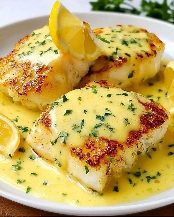 Pavés de cabillaud au four nappés de sauce crémeuse à la moutarde et au citron, garnis de persil frais dans un plat en céramique